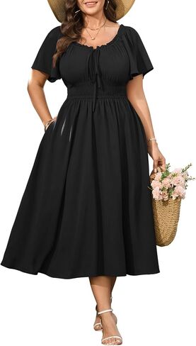 CICIDUDU Plus Size Summer Boho Maxi Dress for Curvy Women Scoop Neck Tie Front Cute Milkmaid Casual Flowy Midi Dresses in Saudi Arabia