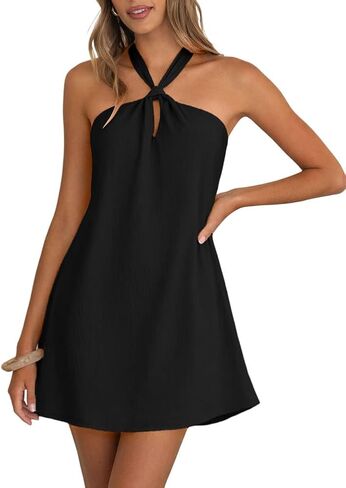 Women Boho Halter Mini Dress Sleeveless A-Line Beach Vacation Sundress in Saudi Arabia