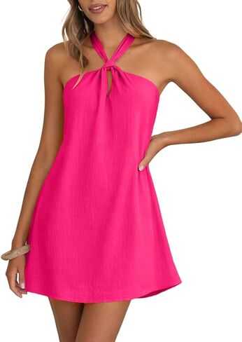 Women Boho Halter Mini Dress Sleeveless A-Line Beach Vacation Sundress in Saudi Arabia