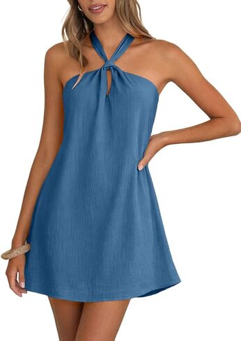 Women Boho Halter Mini Dress Sleeveless A-Line Beach Vacation Sundress in Saudi Arabia