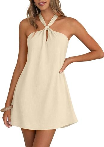 Women Boho Halter Mini Dress Sleeveless A-Line Beach Vacation Sundress in Saudi Arabia