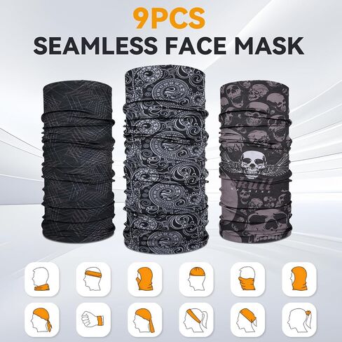 9-Pack UV Protection Neck Gaiter & Balaclava for Men and Women - Seamless Face Mask for Cycling, Hiking, Running in Saudi Arabia