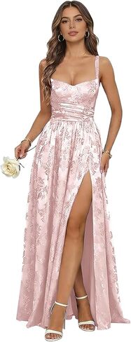 Fanciest Jacquard Satin Prom Dresses with Slit A-Line Bridesmaid Dress for Women Spaghetti Straps Formal Dress in Saudi Arabia
