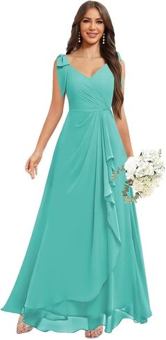 Bridesmaid Dresses for Women Chiffon V Neck Bow Strap Ruched Long Formal Evening Gowns in Saudi Arabia