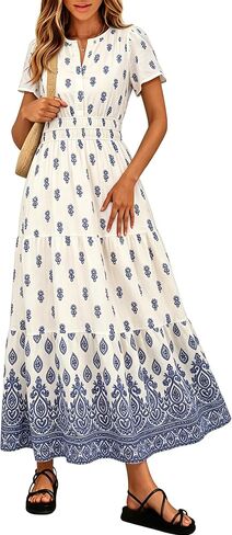 Simplee Womens Summer Boho Maxi Dress Casual V Neck Short Sleeve Dress Floral Tiered Flowy Wedding Guest Dresses in Saudi Arabia