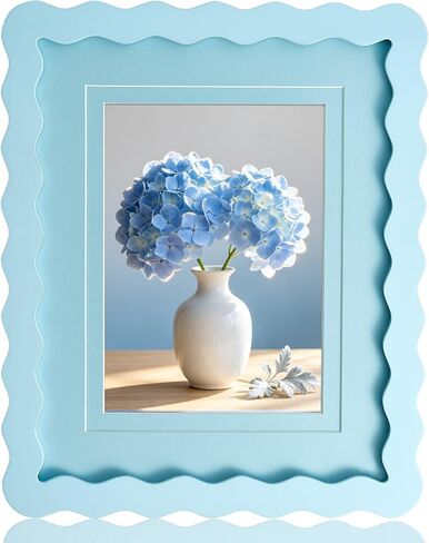 SNAPSHOT Light Blue Wavy 8x10 Picture Frame with Mat for 5x7/6x8, Scalloped Wooden Photo Frames with Real Glass for Wall Mount and Tabletop, 1 Pack in Kuwait