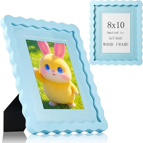 SNAPSHOT Light Blue Wavy 8x10 Picture Frame with Mat for 5x7/6x8, Scalloped Wooden Photo Frames with Real Glass for Wall Mount and Tabletop, 1 Pack in Kuwait