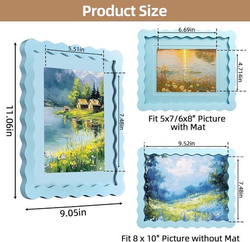 SNAPSHOT Light Blue Wavy 8x10 Picture Frame with Mat for 5x7/6x8, Scalloped Wooden Photo Frames with Real Glass for Wall Mount and Tabletop, 1 Pack in Kuwait