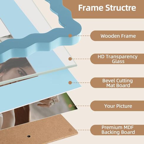 SNAPSHOT Light Blue Wavy 8x10 Picture Frame with Mat for 5x7/6x8, Scalloped Wooden Photo Frames with Real Glass for Wall Mount and Tabletop, 1 Pack in Kuwait