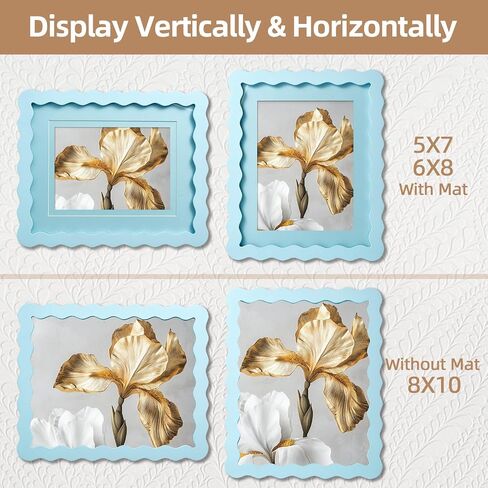 SNAPSHOT Light Blue Wavy 8x10 Picture Frame with Mat for 5x7/6x8, Scalloped Wooden Photo Frames with Real Glass for Wall Mount and Tabletop, 1 Pack in Kuwait