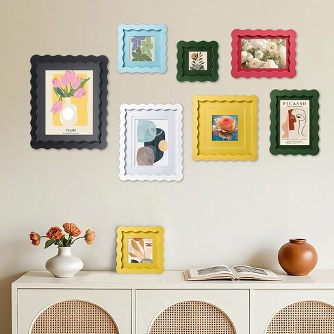 SNAPSHOT Light Blue Wavy 8x10 Picture Frame with Mat for 5x7/6x8, Scalloped Wooden Photo Frames with Real Glass for Wall Mount and Tabletop, 1 Pack in Kuwait