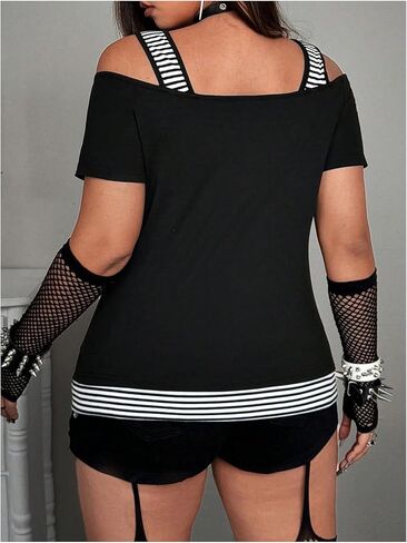 SHENHE Women's Plus Size Grunge Y2K Cold Shoulder Top Cross Skull Short Sleeve Punk Alt Shirt in Kuwait