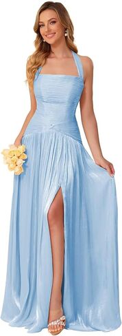 Halter Chiffon Bridesmaid Dress for Women Long Formal Evening Dress | Shimmer Pleated Chiffon Long Formal Evening Dress,Halter Top A Line Bridesmaid Dress,Twist Knot Waist,Side Slit,Lace Up Back in Kuwait