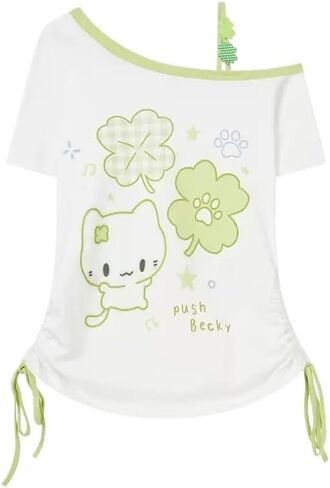 Women Y2K Retro Cute Cat Print Off Shoulder Top Kawaii Trendy E Girl Aesthetic Clover Graphic Street Fashion Tee in Saudi Arabia