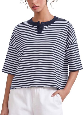 MISSACTIVER Women's Striped Henley T-Shirts Color Block Crew Neck Short Sleeve Oversized Roll Hem Boxy Cropped Tees Shirt Top in Saudi Arabia