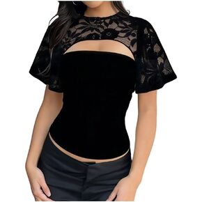 Women Hollow Out Front Sheer Lace Panel Bell Short Sleeve Crop Tee Shirt Crew Neck Cinched Waist Ruched Crop Top in Saudi Arabia