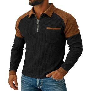 Mens Waffle Shirts Patch Corduroy Quarter Zip Pullover Mock Neck Shirt Casual Tops Fitted Tshirts Long Sleeve Tees in Saudi Arabia