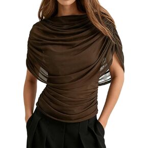 Women Dressy Draped Half Cape Sleeve Ruched Waist Tee Shirt Top Flowy Sheer Mesh Panel Boat Neck Slim Fit Blouse in Saudi Arabia