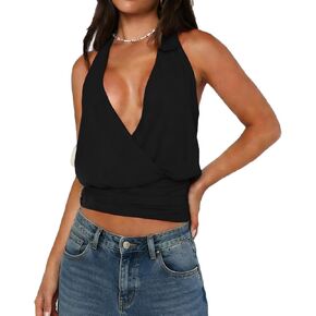 Women Sexy Halter Crop Top Wrap Front V Neck Tank Cami Shirt Y2K Backless Summer Going Out Tops in Saudi Arabia