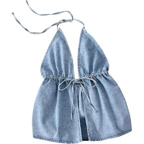 Remidoo Women's Denim Halter Top Self Tie Peplum Jean Sleeveless Crop Tank Tops in Saudi Arabia