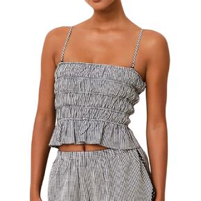 Tsher Womens Gingham Plaid Ruffle Hem Crop Cami Top with Removable and Adjustable Spaghetti Straps Summer Strapless Tube Top in Saudi Arabia