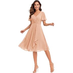 Women's Chiffon Bridesmaid Dresses Tea Length Short Sleeves Maid of Honor Dress for Wedding with Pleats in Saudi Arabia