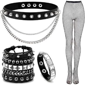 6 Pcs Punk Accessories Set for Women, Punk Rock Bracelets, Emo Necklace & High Waist Fishnet Stockings, Silver Alt Jewelry, Y2K & 80s Outfit, Goth Rockstar Costume Set in Saudi Arabia