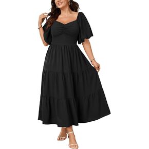 SHESTARR Womens Plus Size Dresses Wedding Guest Puffy Short Sleeve Sweetheart Smocked Tiered Flowy A Line Maxi Dress in Saudi Arabia