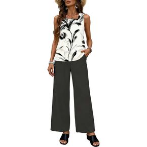 2 Piece Sets for Women Sleeveless Tiered Vest Top and Solid Wide Leg Long Pants Travel Outfits Lounge Set in Saudi Arabia