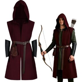 Mens Medieval Hooded Surcoat Renaissance Costume Sleeveless Tunic Pirate Cloak Halloween Outfits in Saudi Arabia