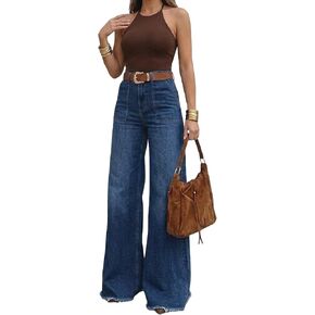 Women's High Waisted Wide Leg Jeans - 70s Retro Patch Pockets, Frayed Raw Hem, Tummy Control Stretch Denim Pants in Kuwait