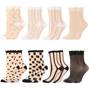 8 Pairs Women's Sheer Ruffle Socks Summer Transparent Lace Ankle High Mid Calf Socks Thin Lace See Through Sock in Saudi Arabia