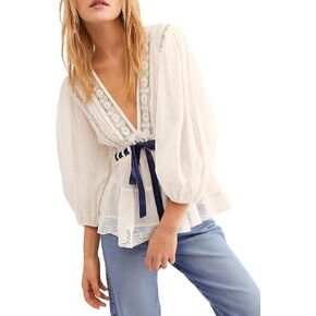 Women Lace Tie Front Ruffle Boho Top Flowy Puff Sleeve Sheer V Neck Floral Embroidery Chiffon Blouse Mesh Layered Top in Saudi Arabia