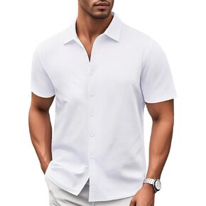 Mens Casual Button Down Shirts Short Sleeve Business Solid Summer Dress Shirt Heavyweight in Saudi Arabia