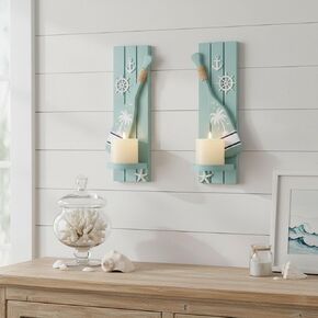 AIM & GGKK Nautical Candle Sconces Set of 2, Teal Wood Wall Mount Holder | Handcrafted teal wood sconces with oar anchor wheel starfish, set of 2, fits beach house decor, ideal housewarming gift in Saudi Arabia