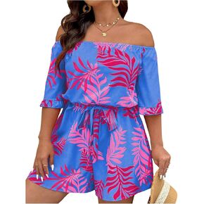 SOLY HUX Women's Plus Size Rompers Boho Off the Shoulder Ruffle Half Sleeve Belted Jumpsuit Summer Vacation Outfits in Saudi Arabia