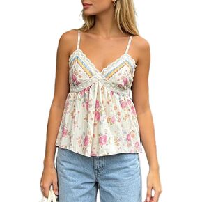 Aopwsrlyi Women Floral Babydoll Cami Top Lace Trim V Neck Spaghetti Strap Tie Back Flowy Fairy Going Out Tops in Saudi Arabia