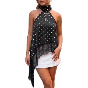 Women Satin Sleeveless Halter Top Y2k Lace Trim Mock Neck Asymmetrical Tank Top Elegant Going Out Tops in Saudi Arabia