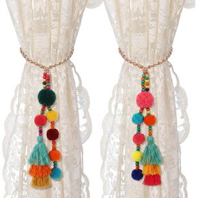 2 Pcs Pompoms Boho Curtain Tiebacks 15.75 Inch Colorful Curtain Ties with Tassels Boho Beaded Decoration for Home Living Room Kitchen Bedroom Office in Saudi Arabia