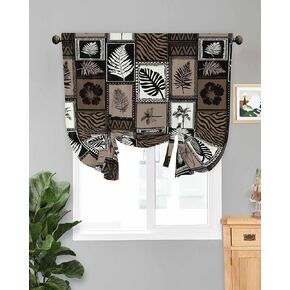 Tie Up Curtains for Windows, Vintage Tropical Botanical Adjustable Balloon Linen Textured Kitchen Curtain, Summer Floral Palm Leaves Grid Brown Room Darkening Curtains for Glass Door, 42 x 45 In in Kuwait