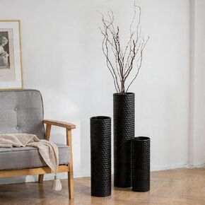 Black Tall Floor Vase Set of 3, 27.1" Large Metal Cylinder Standing Vases for Decor Living Room, Modern Honeycomb Texture Decorative Corner Vases for Pampas Grass Entryway Home Decoration in Saudi Arabia