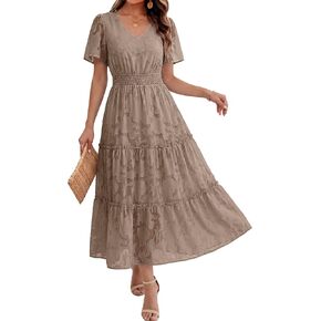 Caracilia Womens 2026 Spring Wedding Guest Maxi Dress Summer Boho Floral Short Sleeve V Neck Beach Vacation Tea Party Dresses in Saudi Arabia