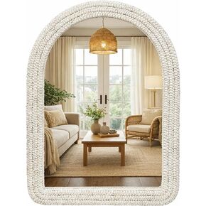 30" x 40" Arched Wall Mirror, Handwoven Natural Corn Husk Fiber with Light Whitewashed Finish, Warm Boho Coastal Style for Entryway, Bedroom, Living Room, Vertical Hanging in Saudi Arabia