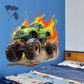 3D Broken Wall Monster Truck Wall Decals, Flame Monster Truck with Checkered Flags Bursting Wall Stickers, Removable Peel and Stick Vinyl Wall Art for Kids Bedroom Nursery Playroom Wall Decor in Kuwait