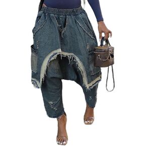 KANSOON Jeans Women Distressed Denim Harem Pants Elastic Waist Loose Fit Cropped Y2K Streetwear Jeans with Pockets in Saudi Arabia