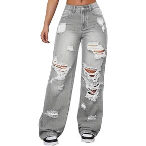 YOOTIKO Womens Distressed Ripped Jeans High Waisted Straight Leg Ripped Jeans Baggy Casual Denim Pants in Saudi Arabia