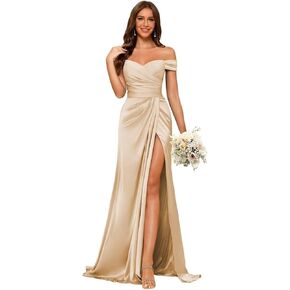 Women's Off Shoulder Ruched/Mermaid Pleated Bridesmaid Dresses Long with Slit - Satin Formal Prom/Evening Party Dress in Saudi Arabia