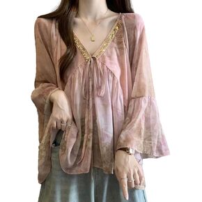 Women Tye-die Cute Blouse Flared Sleeve Long Sleeve Vintage Shirts in Saudi Arabia