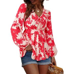 Vivilli Women's Blouses Dressy Casual Ruffle V Neck Tops Ruched Waist Lantern Long Sleeve Shirts Summer Outfits in Saudi Arabia