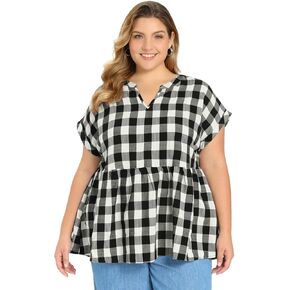 Plus Size Gingham Blouse for Women 1950s Plaid Notch V Neck Short Sleeve Babydoll Peplum Summer Top in Saudi Arabia